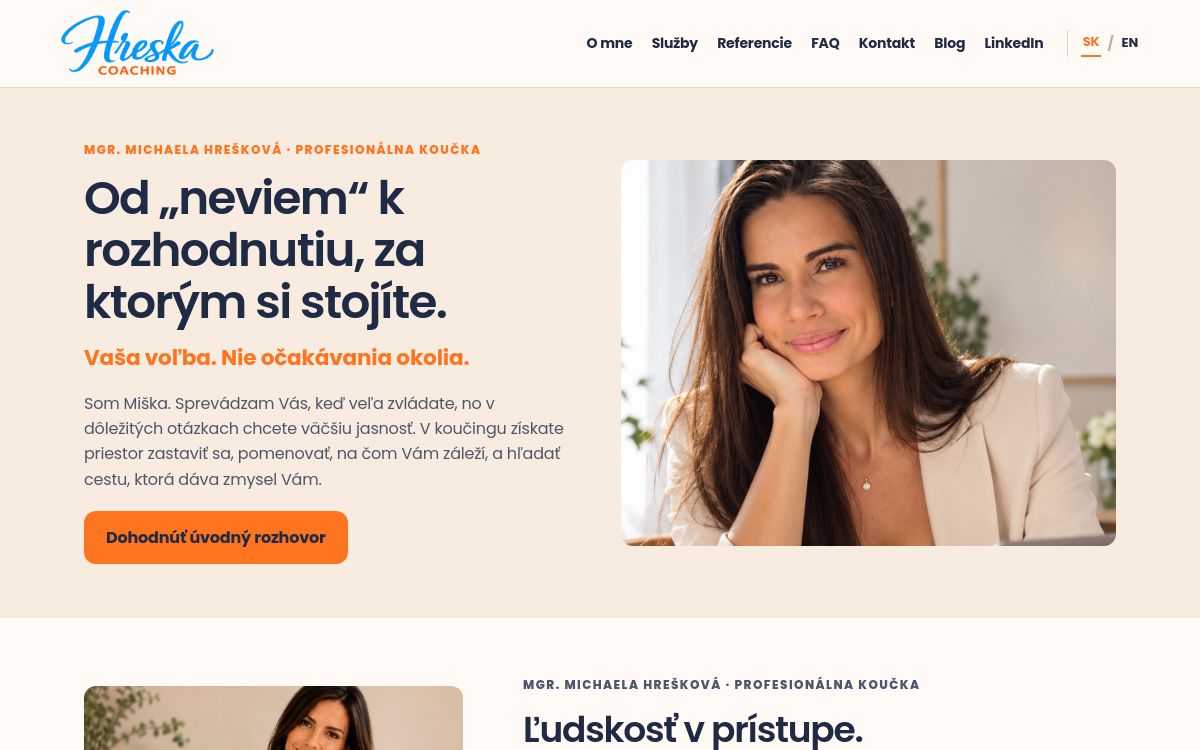 Aktuálny náhľad webu Hreška Coaching s portrétom Michaely Hreškovej a úvodným textom o koučingu.